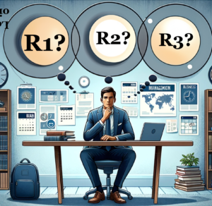 An illustration of a contemplative man seated at a desk, pondering over which MBA admission round to apply for, with thought bubbles labeled 'R1?', 'R2?', and 'R3?' floating above his head. The background is a home office setup with business-related charts, a world map, a clock, and books, symbolizing the strategic planning involved in MBA applications.